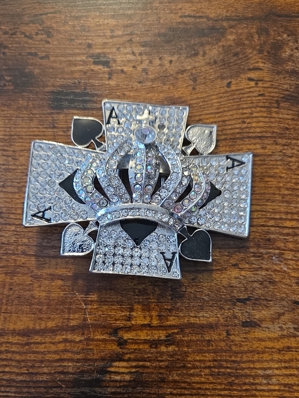 Rhinestone Crown Ace Card Belt Buckle - Silver